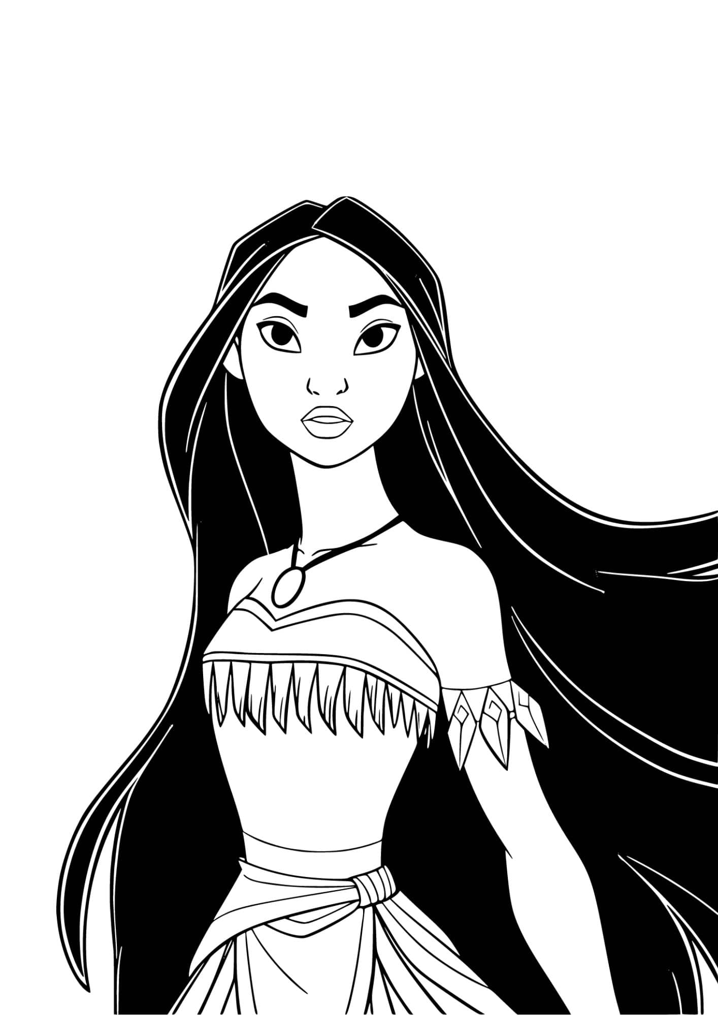 Coloriage Pocahontas à imprimer gratuit, regard sérieux