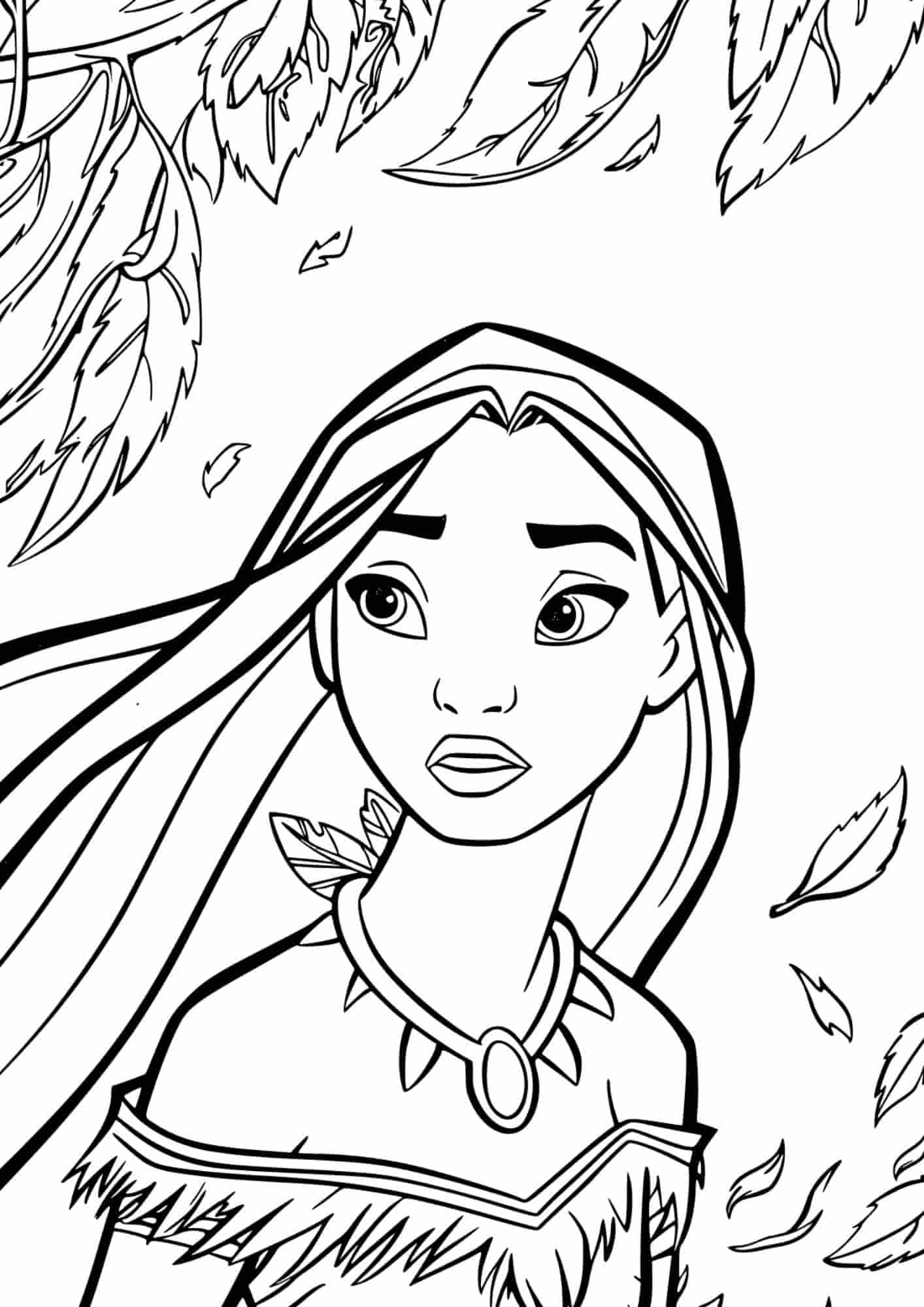 pocahontas coloriage a imprimer dans un cadre forestier