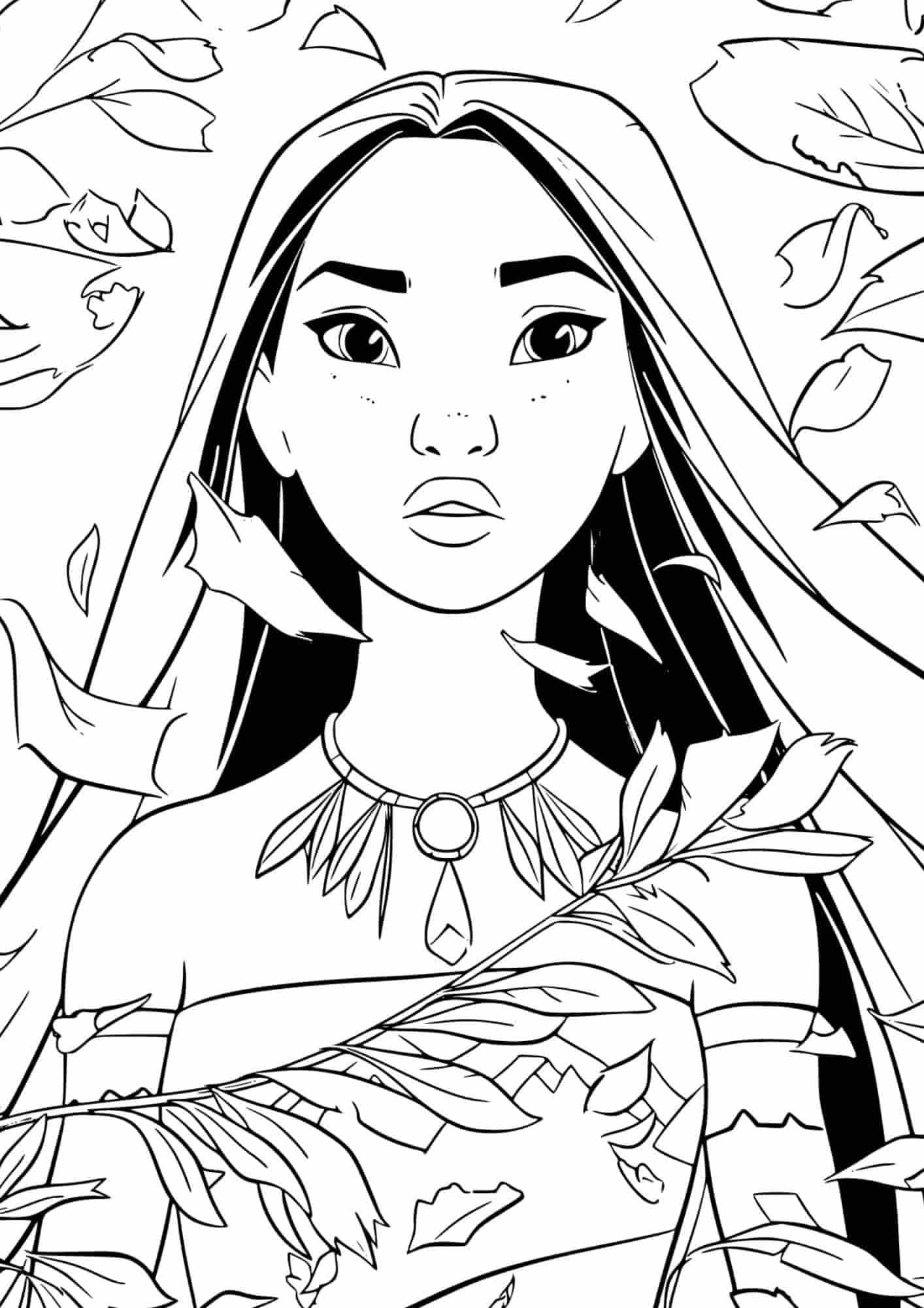 coloriage pocahontas à imprimer gratuit avec Pocahontas et des feuilles