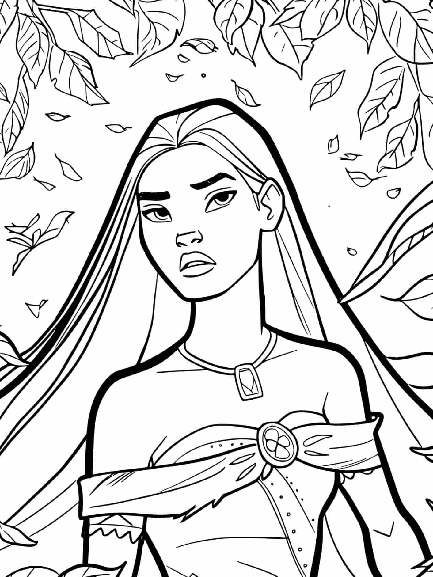 coloriage à imprimer pocahontas avec un regard intense