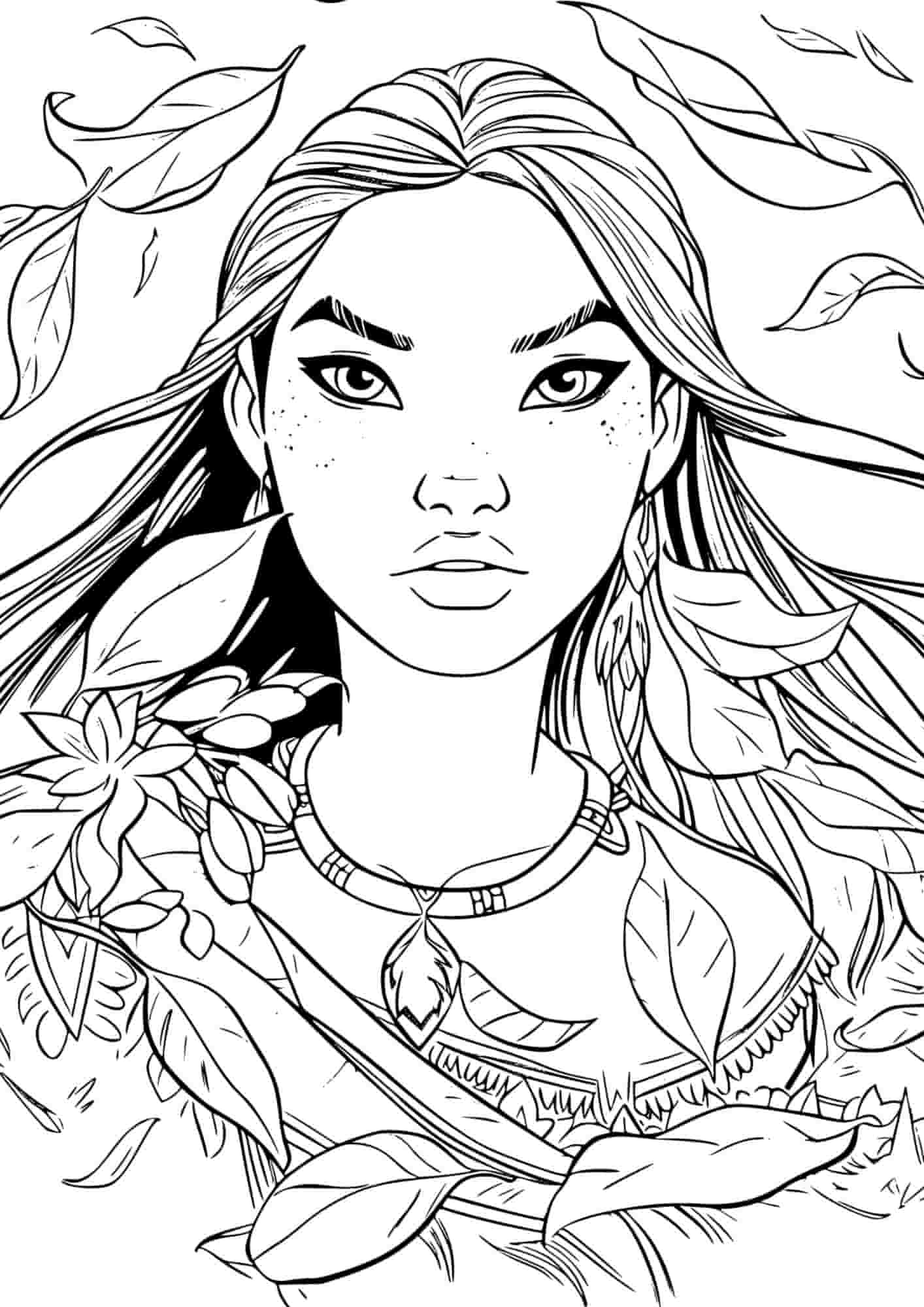 pocahontas coloriage avec des feuilles autour