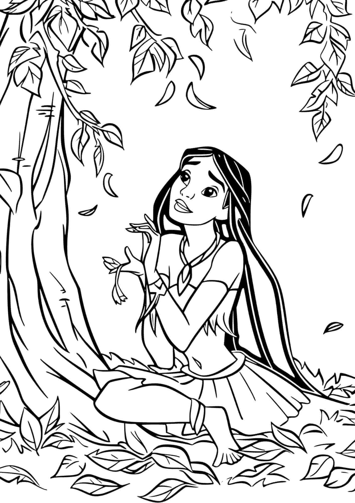 coloriage pocahontas à imprimer sous un arbre