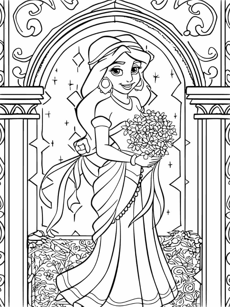 Coloriage Jasmine avec arrière plan de fleurs