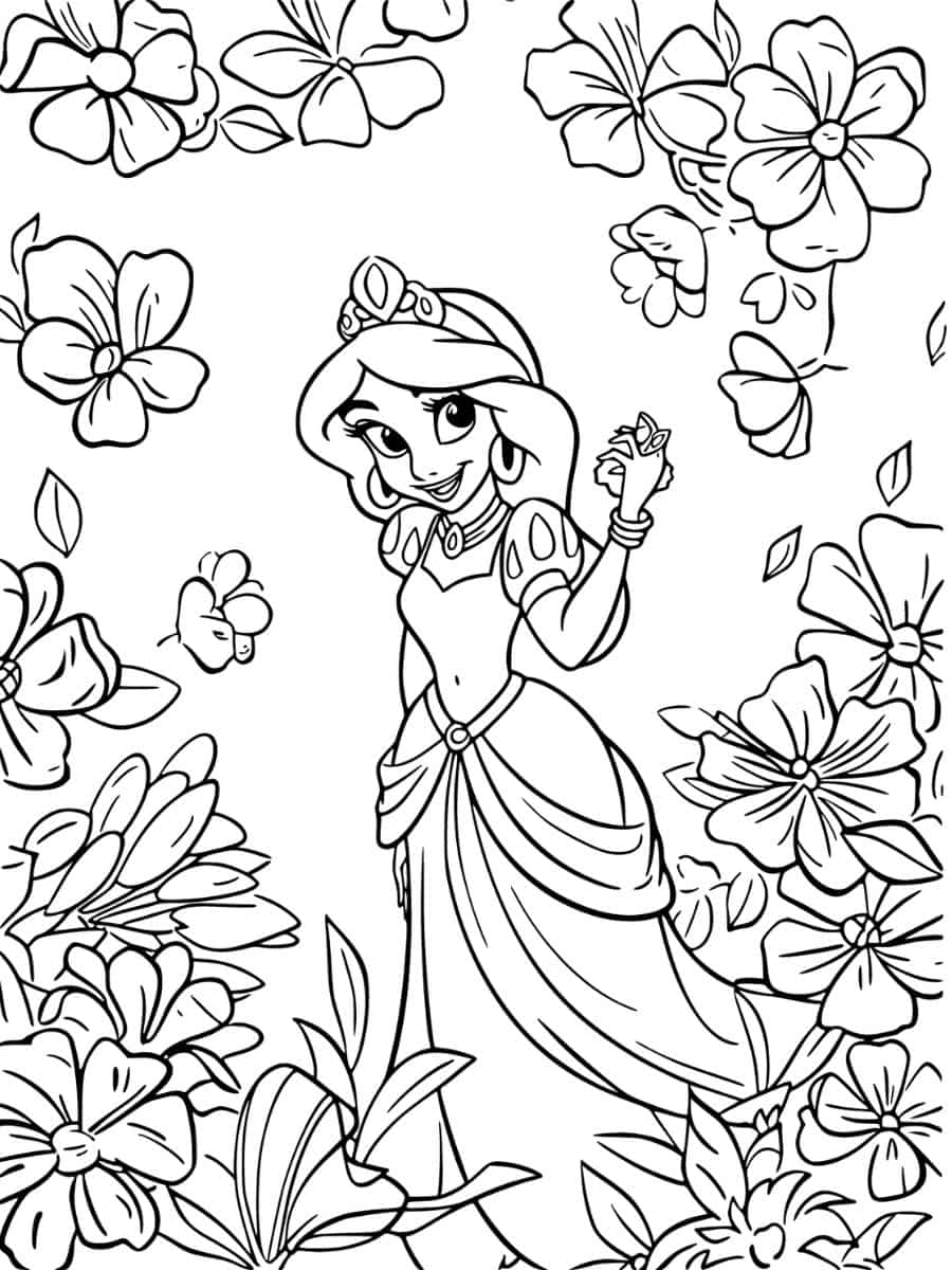 Coloriage de Jasmine avec bijoux et accessoires