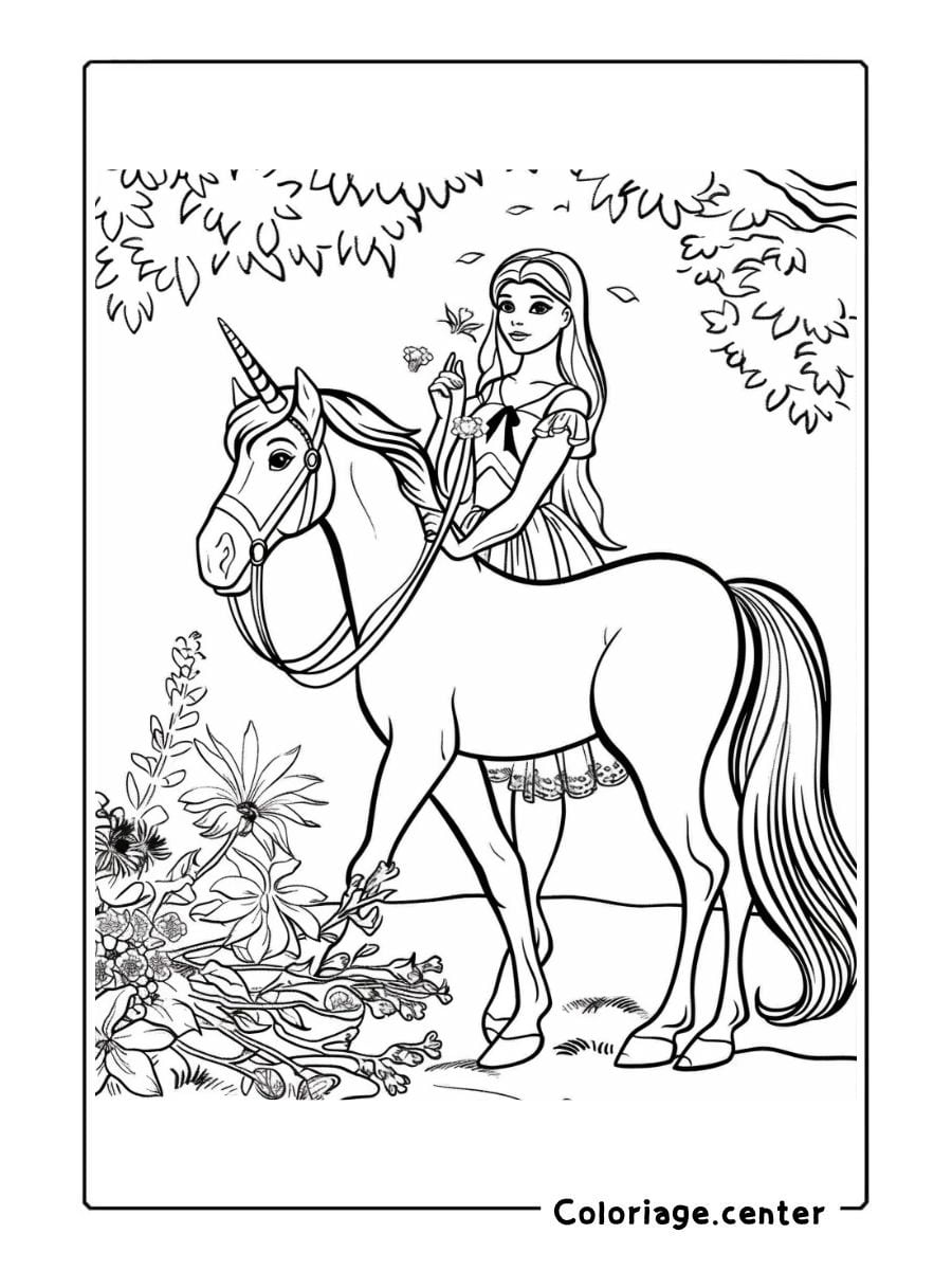 coloriage barbie et licorne à imprimer