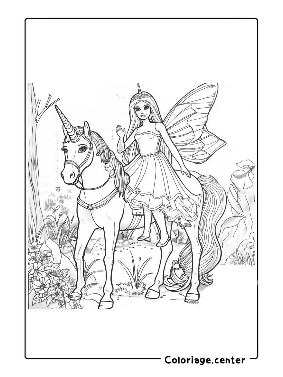 coloriage barbie et licorne gratuit