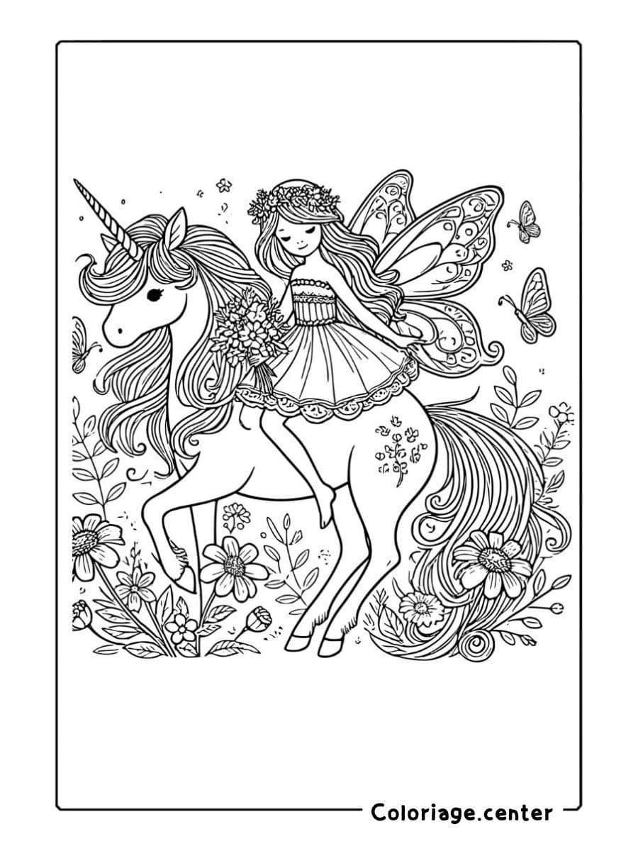 coloriage fée avec licorne