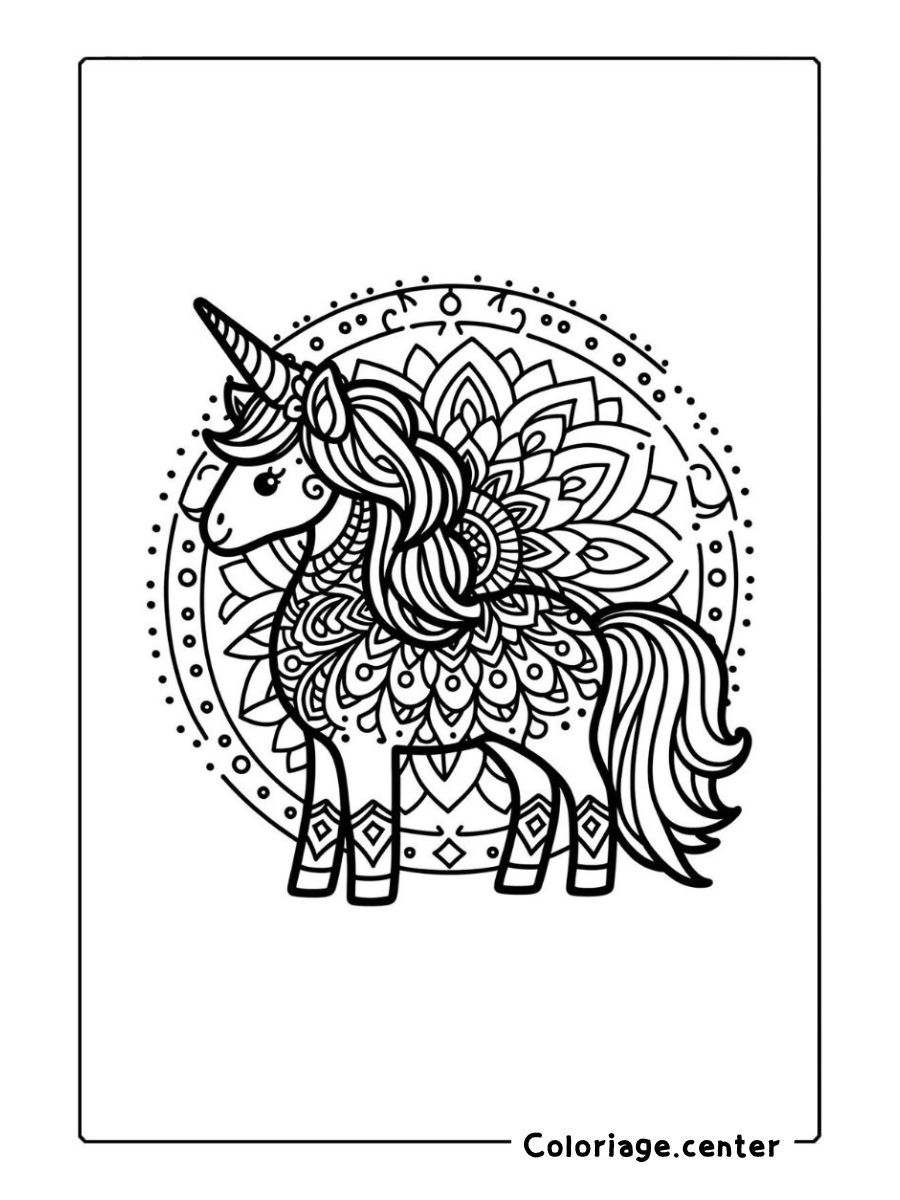 coloriage mandala licorne kawaii